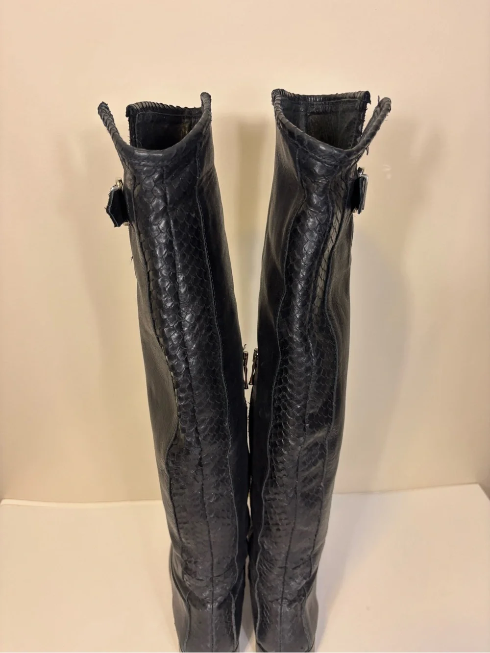 Ron White Women's Over-the-Knee Black Leather Riding Boots with Snakeskin Back 7